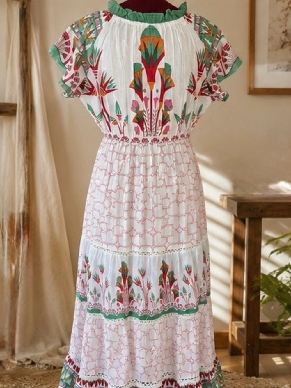 POL Hand Block Printed Cotton Tiered Midi Dress | Medium | Flutter Sleeve NWT - Picture 6 of 9